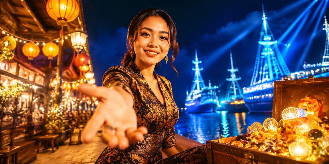 Suasana malam hiburan taruhan online di pasar malam yang meriah dan berwarna